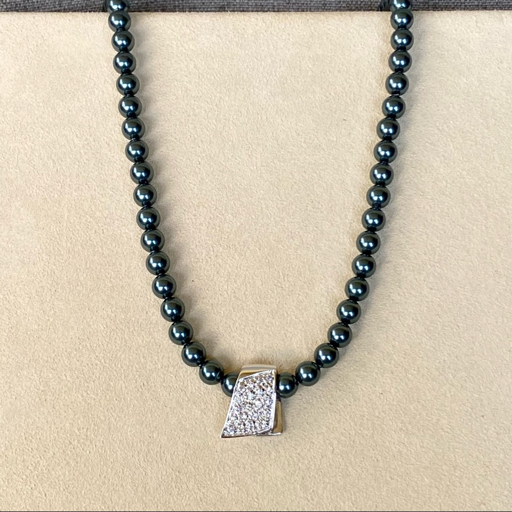NWT Sterling Silver CZ Ribbon Design Pendant with Swarovski Pearl Necklace
